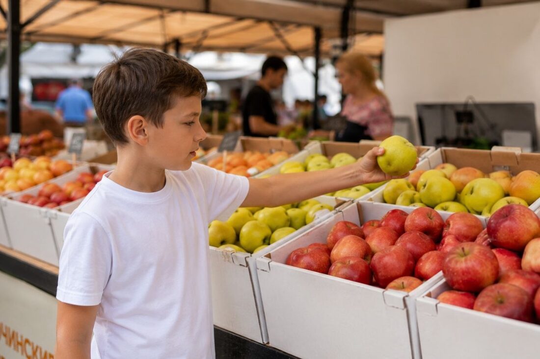 Ребёнок выбирает продукты на ярмарке
